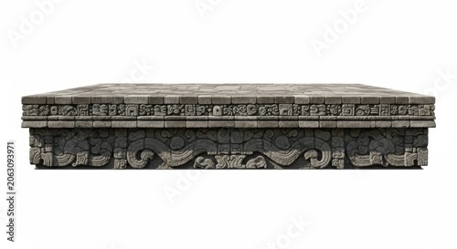 Ancient Aztec Stone Altar Pedestal with Carvings Isolated on White