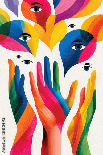 Colorful hands and eyes abstract illustration expressing diversity, unity and creative expression