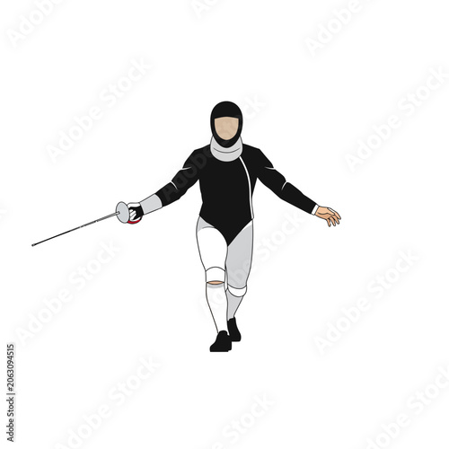 Fencer in protective gear with sword, ready for duel on white background.