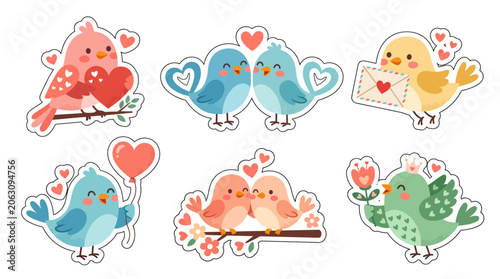 Cute Bird Stickers with Hearts and Love Themes