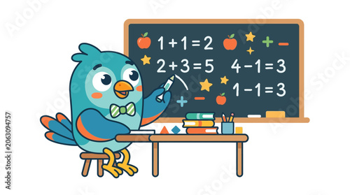 Cute Bird Teacher Explaining Math Equations on Chalkboard