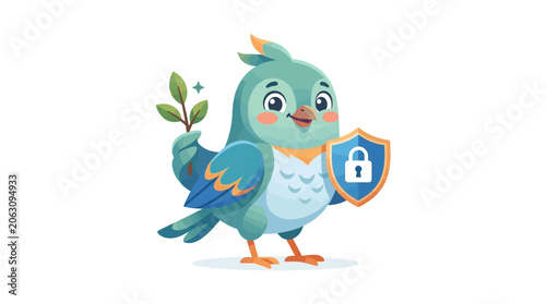 Cute Bird with Shield and Leaf - Security, Safety, Nature, Protection Icon