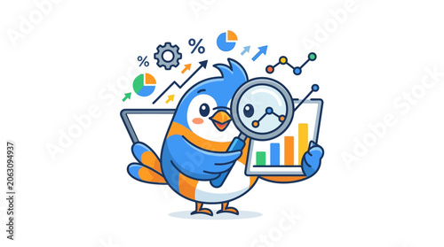 Cute bird with magnifying glass shows financial data chart, graphs and analytics