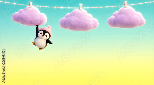 Cute 3D Penguin in Pink Beanie Hanging from Fluffy Purple Cloud Background with Lots of Room for Text