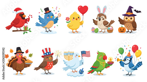 Cute Birds Celebrating Holidays and Seasons - Vector Illustration 5678