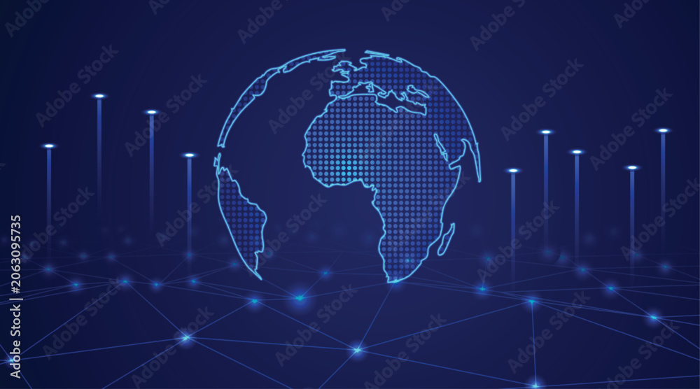 Fototapeta premium Futuristic Digital World Map Background With Global Network Technology vector illustration