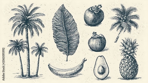 Set of exotic tropical fruits and palm trees sketch isolated on white background