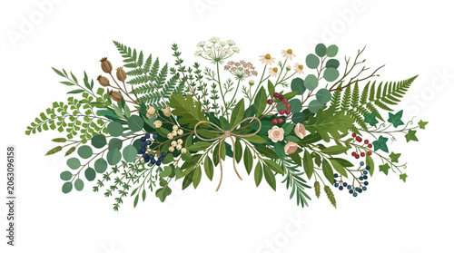 Elegant Greenery Garland with Flowers and Berries, Botanical Wreath Elements