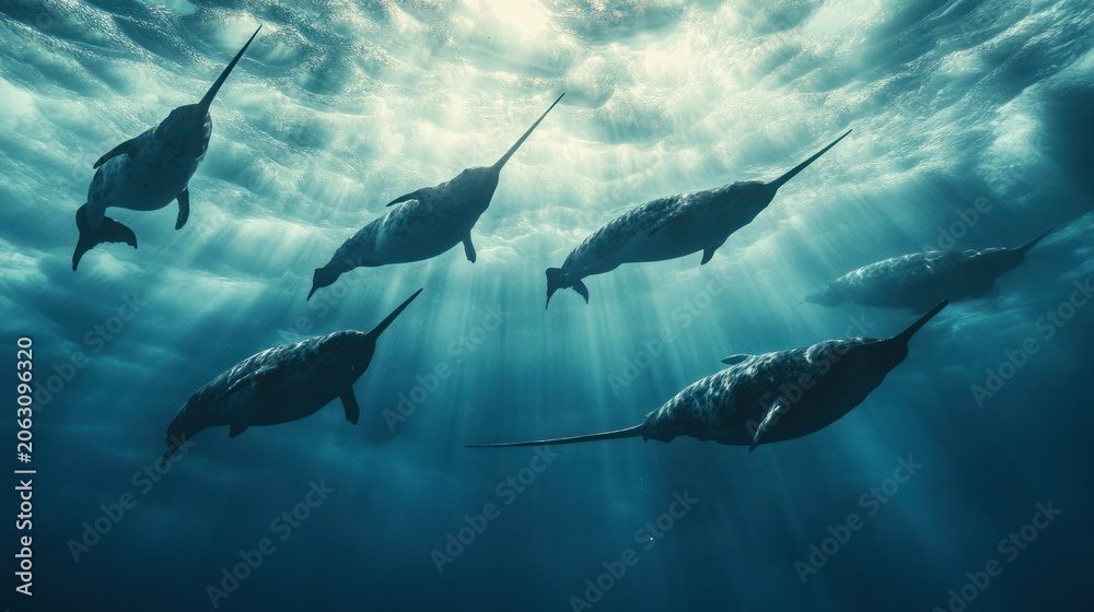 Obraz premium Group of narwhals swimming under light rays in the arctic sea.