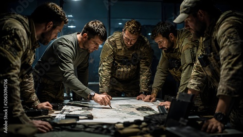 Military Team Leaders Planning Strategic Operation Around Tactical Command Table