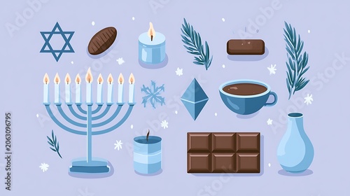 Hanukkah holiday elements set isolated on purple background