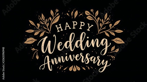 Happy Wedding Anniversary greeting card text with gold floral decorations