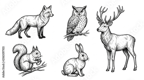 Collection of forest animal illustrations.