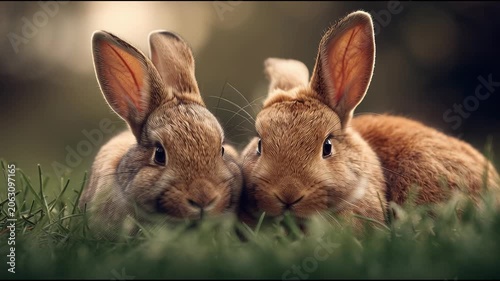 Adorable Baby Bunnies Snuggling in Green Grass Close-Up.