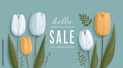 Hello Sale promotional banner with tulips on a sage green background