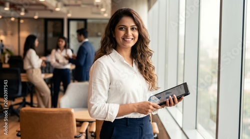 Business professional standing by large office windows holding a tablet, overlooking a busy workplace with confidence and leadership.