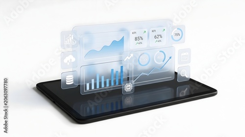 Digital tablet displaying futuristic holographic business analytics dashboard