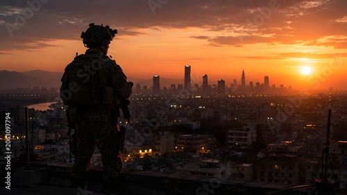 Soldier on Rooftop Watch Over City Skyline at Dusk in Silhouette with Warm Rim Light