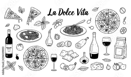 Cuadro en lienzo La Dolce Vita Italian Food and Wine Hand Drawn Doodle Vector Set with Pizza Past