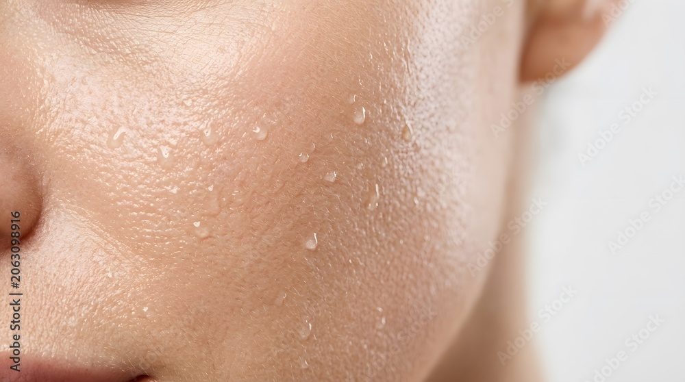 Fototapeta premium Extreme close up of sweaty human skin with water drops or sweat droplets on woman face cheek area