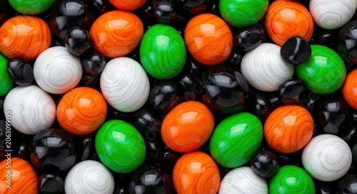Colorful assortment of jelly beans in orange green white and black colors  sweet treats