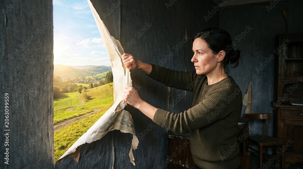 Naklejka premium A woman pulls back wallpaper to expose a sunny landscape outside. Concept of overcoming depression and finding hope, ideal for mental health and motivation themes. Generative AI.