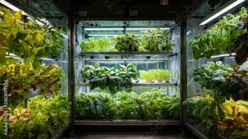 Indoor vertical garden with various fresh greens and herbs
