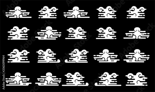 Set of stylized decorative cloud elements japanese art froms ukiyo-e woodblock prints. Versatile white silhouette icons contrast beautifully against solid black background flowing curves.