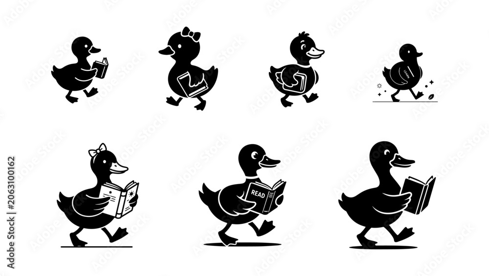 Obraz premium Duck with Book Icon on Transparent Background, duck, duck icon, cartoon duck, animal icon, cute duck, duck character, duck walking, duck holding book, book icon, reading, reading animal, education, 