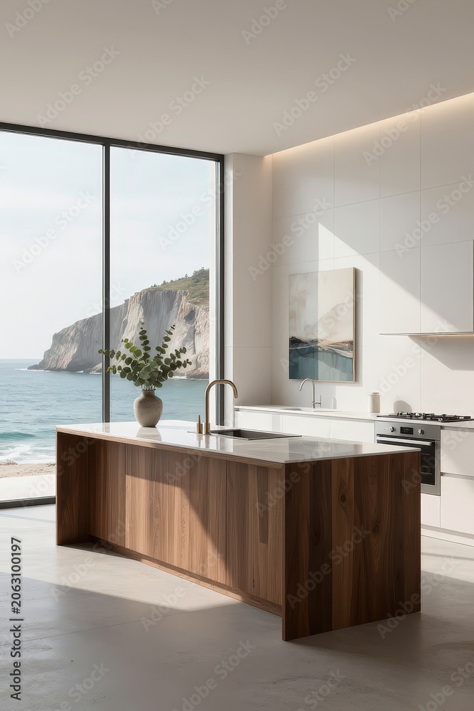 Fototapeta premium Modern kitchen island with wood grain and ocean cliff view from large window. Use: interior design magazine, real estate listing, luxury lifestyle...