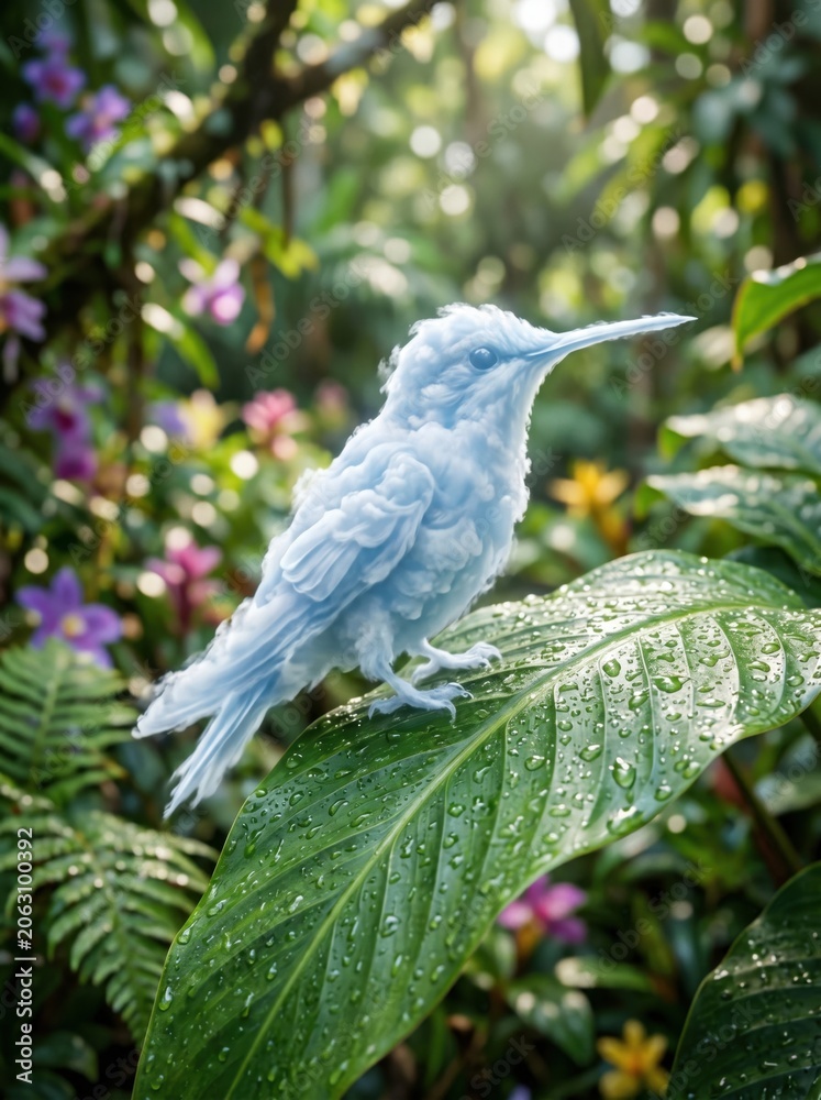 Fototapeta premium A hummingbird made of clouds perched on a leaf.