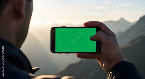 Person holding a smartphone with a green screen in a mountainous landscape at sunset.