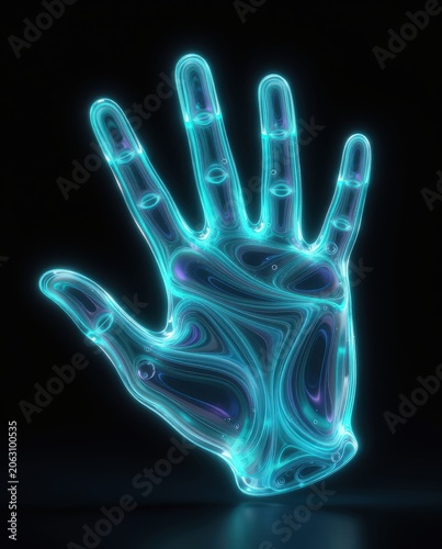 Abstract glowing cyan hand shape with swirling patterns and bubbles on black background. Use: digital art, concept design, sci-fi illustration.