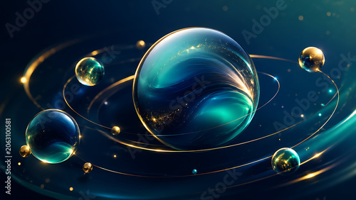 Business Splash Screen with Futuristic Glass Planets, Gold Orbits and Premium Technology Background