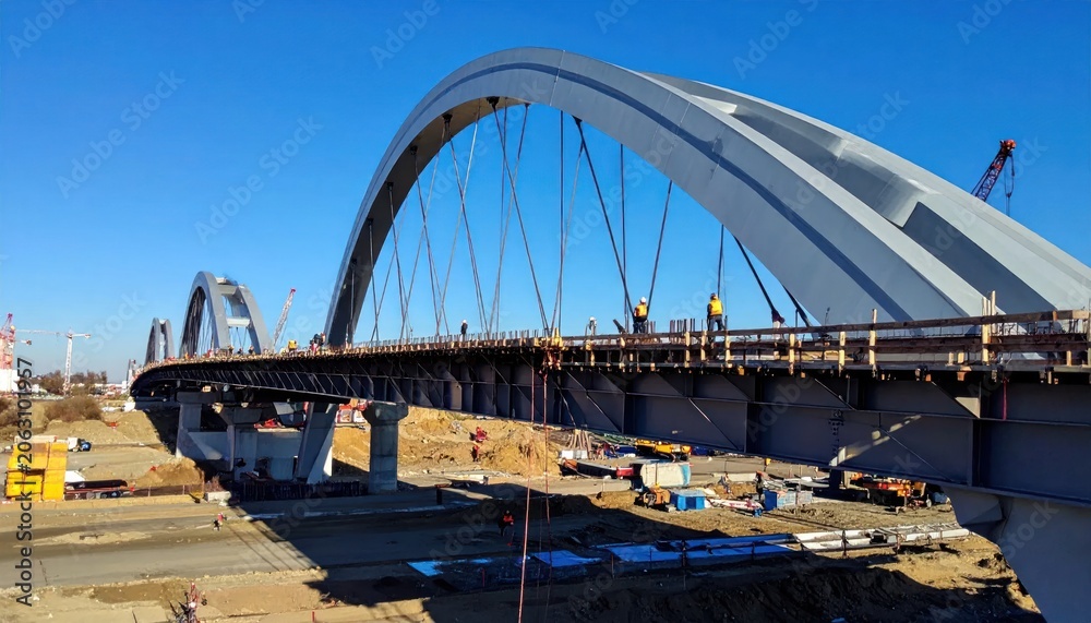 Fototapeta premium Modern Arch Bridge Under Construction Against Clear Blue Sky.