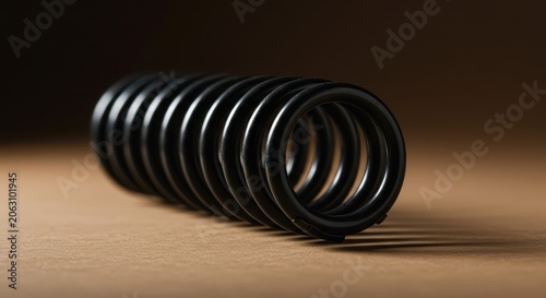 Detailed close-up of a sturdy industrial metallic black compression spring, coiled wire component, isolated against a neutral background, close-up, steel, studio