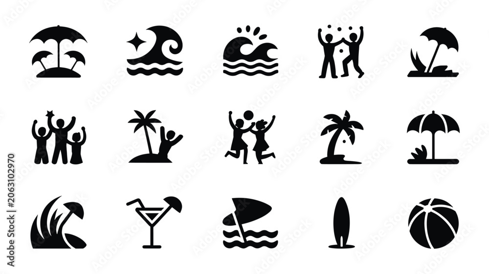 Obraz premium Set of 15 Black Summer Beach Holiday Vacation Icons Vector