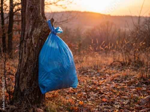 A bright blue plastic sack, filled with discarded refuse, is tied securely to the weathered bark of a prominent forest tree as autumn foliage carpets the ground and a warm sun descends beyond