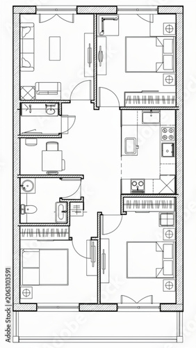 Interior plan of modern residential apartment illustrating rooms, furniture, and layout in black and white design