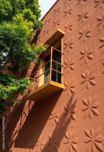 Exterior building wall with patterned floral relief and a wooden window frame with railing, adjacent to a green tree. Use: architectural detail, ga...