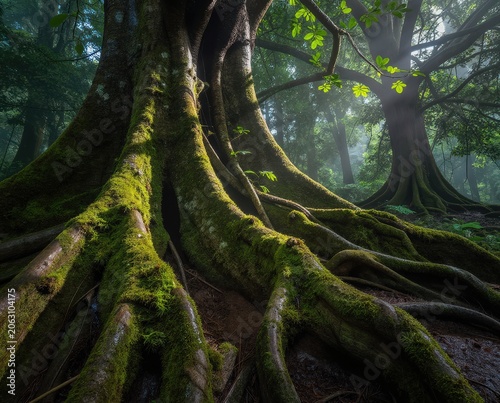 Massive moss-covered tree roots and trunk in a lush, misty forest with dappled sunlight. Use: nature documentary, fantasy art, eco-tourism brochure.