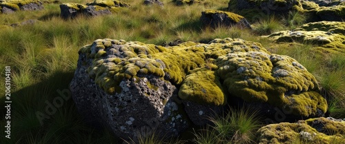 Moss-covered rocks and tall grass in a natural landscape under sunlight. Use: nature documentary, environmental photography, outdoor recreation site.
