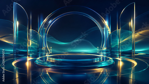 Business Splash Screen with Futuristic Glass Stage, Neon Arches and Premium Technology Background