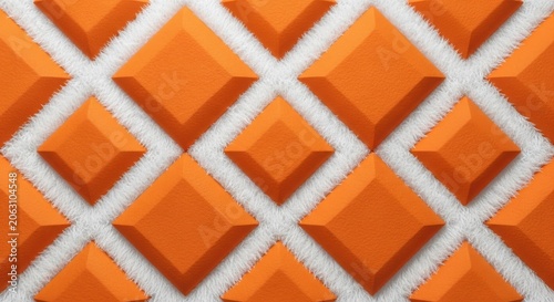 Orange pyramid shapes on white fuzzy crisscross pattern background texture