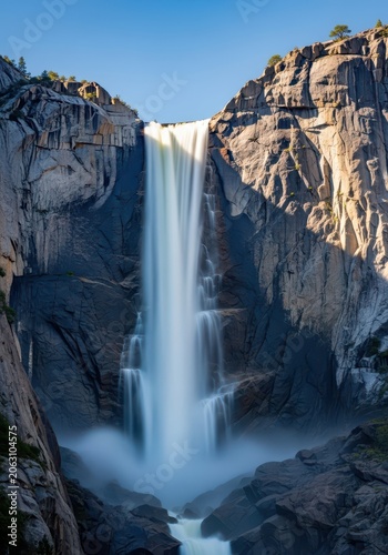 Intense, white water cascades down rugged, massive granite cliffs, illustrating natural erosion and immense geological power, intense, natural, water
