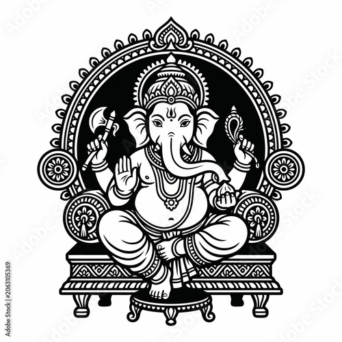 Black and white illustration of Ganesha sitting on throne.