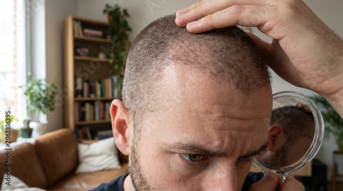 Baldness treatment man scalp hairline mirror head inspection show worried male checking thinning hair at home with concern