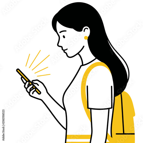 Woman using smartphone with backpack on.