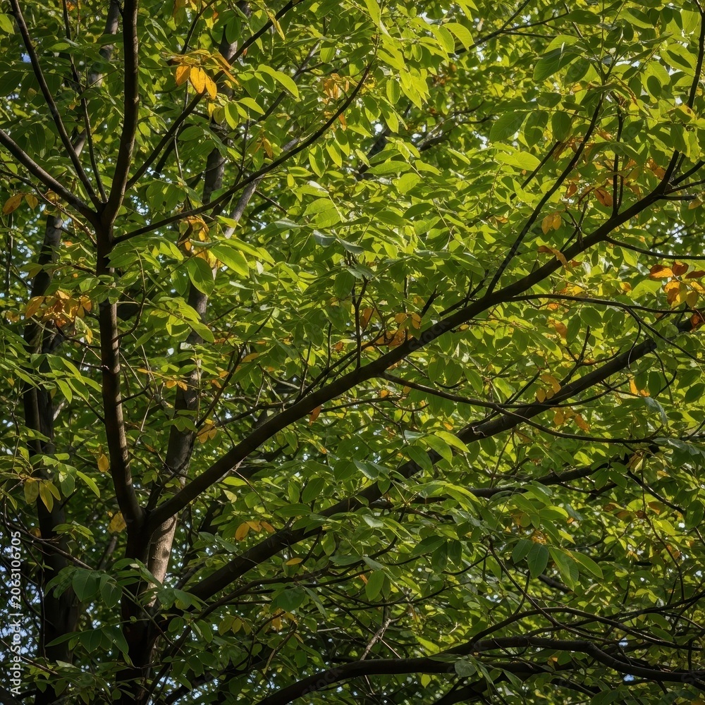 Fototapeta premium Vibrant green pinnate foliage covering dense walnut tree canopy branches bathed in warm sunlight during an autumn afternoon, botanical, woodland, leaves