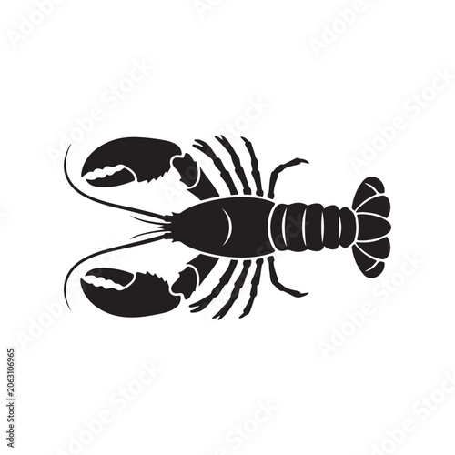 A black silhouette of a lobster viewed from above, isolated on a white background, of a crustacean for seafood